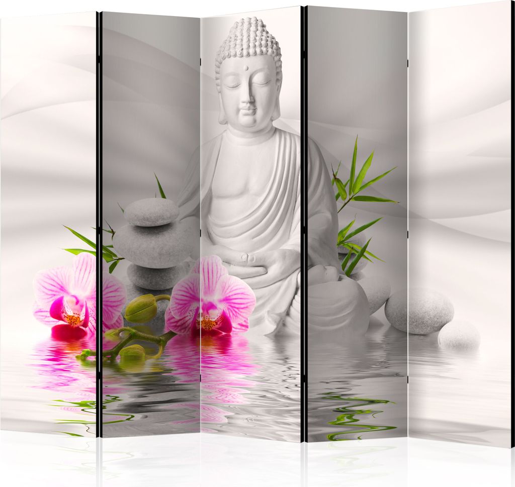 5-teiliger Doppelseitiger Vlies Paravent - Buddha and Orchids II 225x172 cm Orient b-A-0011-z-c