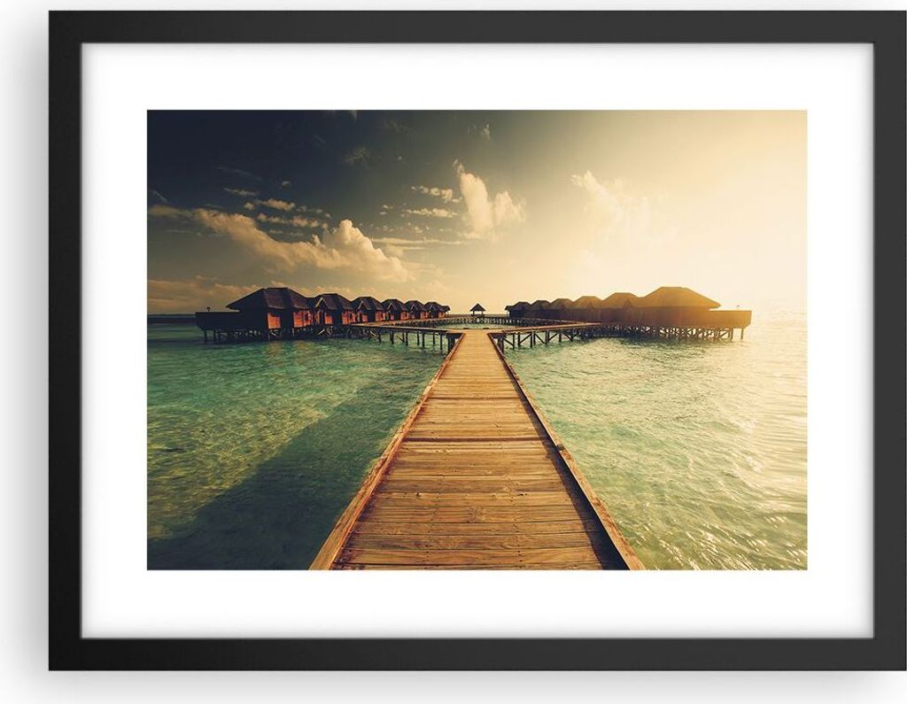 Gerahmtes Poster - Schwarzer Rahmen - Malediven Ferienhäuser Wasser - 40x30 cm - Wand Bild - Wanddeko - Wandbilder - Kunstposter - Wandposter - Bi...