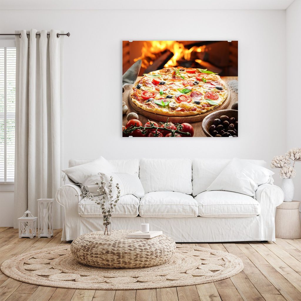 Glasbild Wandbild Pizza aus dem Holzofen 60x50cm in XXL für Wohnzimmer, Schlafzimmer, Badezimmer, Flur