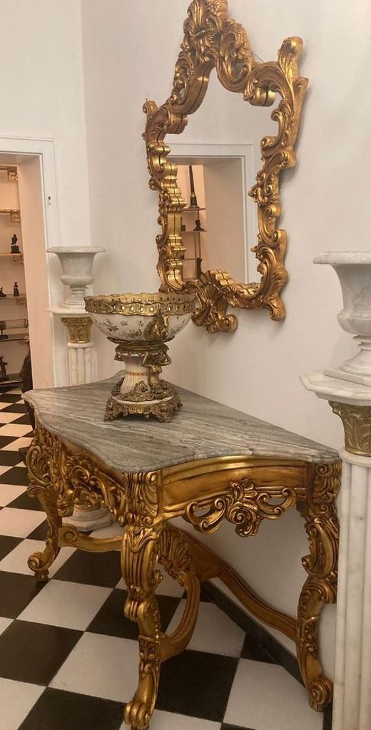 Casa Padrino Barock Konsole mit Marmorplatte und Spiegel Gold / Grau - Prunkvolle Spiegelkonsole im Barockstil - Garderoben Möbel Barockstil - Bar...
