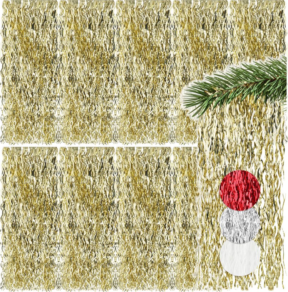 com-four 10x Lametta - goldfarbene Girlande für Weihnachten - Christbaumschmuck für den Tannenbaum - Metallstreifen-Vorhang mit welligen Fäden