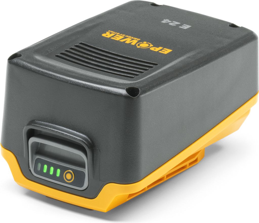 A black and yellow battery pack with a charge indicator.
