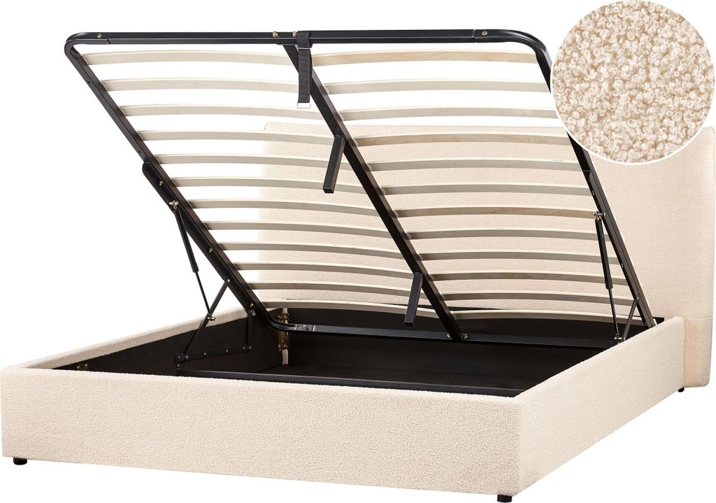 BELIANI Polsterbett Beige Bouclé mit Bettkasten Stauraum Lattenrost 160x200 cm Hochklappbar Hohes Kopfteil Modernes Design für Schlafzimmer Doppe...