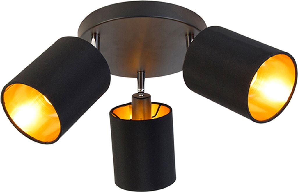 QAZQA - Modern Spot I Spotlight I Deckenspot I Deckenstrahler I Strahler I Lampe I Leuchte schwarz mit Gold I Messingener Innenseite 3-flammig Spot...