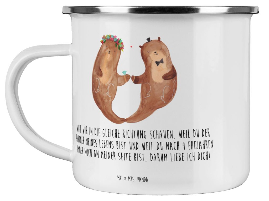 Mr. & Mrs. Panda Haferl 4. Hochzeitstag Seidenhochzeit - Weiß - Geschenk, Geschenke, Jubiläum, Heirat, Kaffeepott, Emaille Tasse, gemeinsamer Weg...