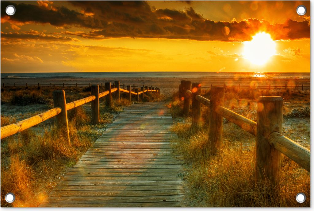 MuchoWow 60x40 cm Outdoor-Poster Gartendeko Sichtschutz Garten Poster für den Garten Sonne - Strand - Düne - Horizont - Gras - Weg - Orange