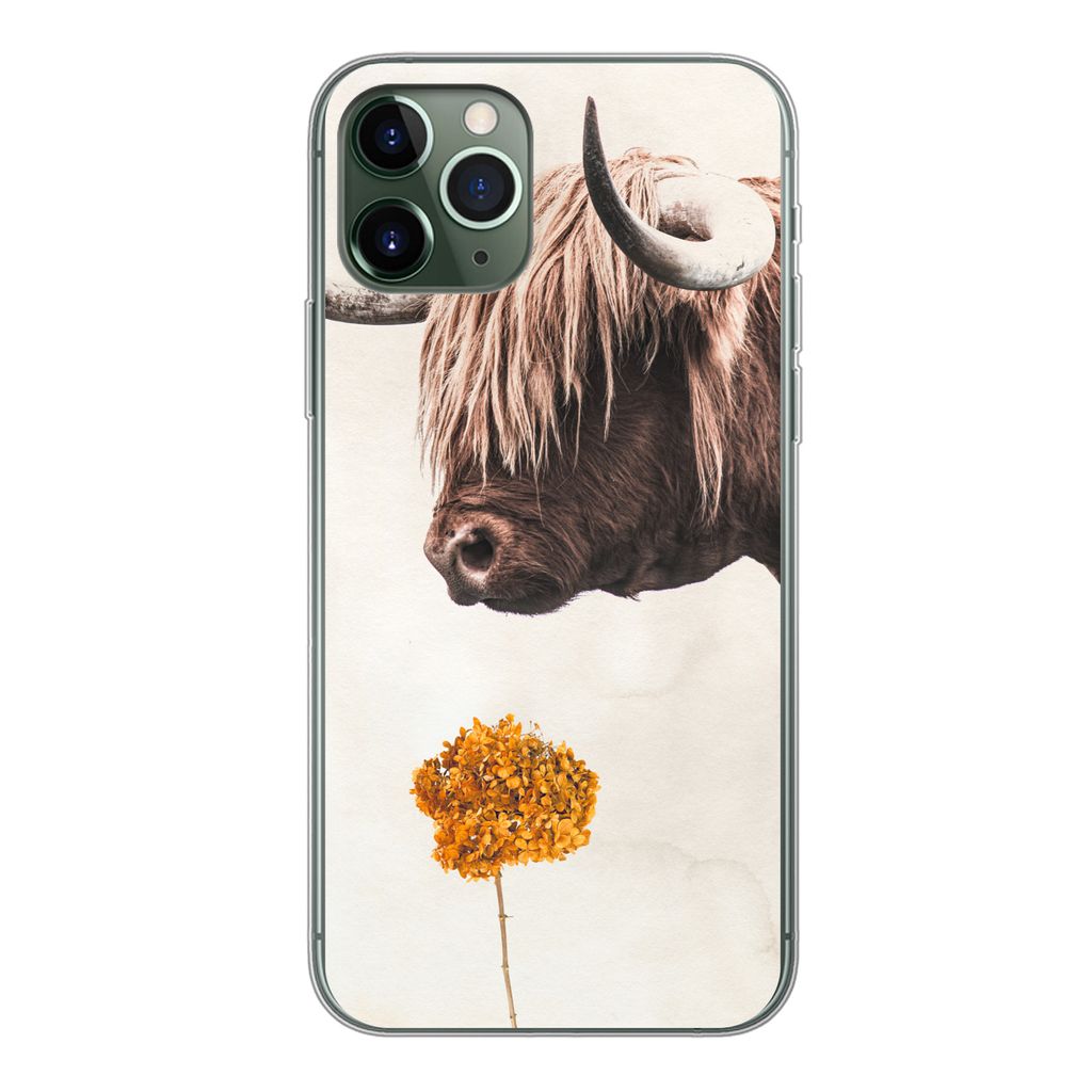 MuchoWow Handyhülle Schutzhülle Hülle für iPhone 11 Pro Schottischer Highlander - Vintage - Blume Silikon Softcase Handy Hülle - Handy