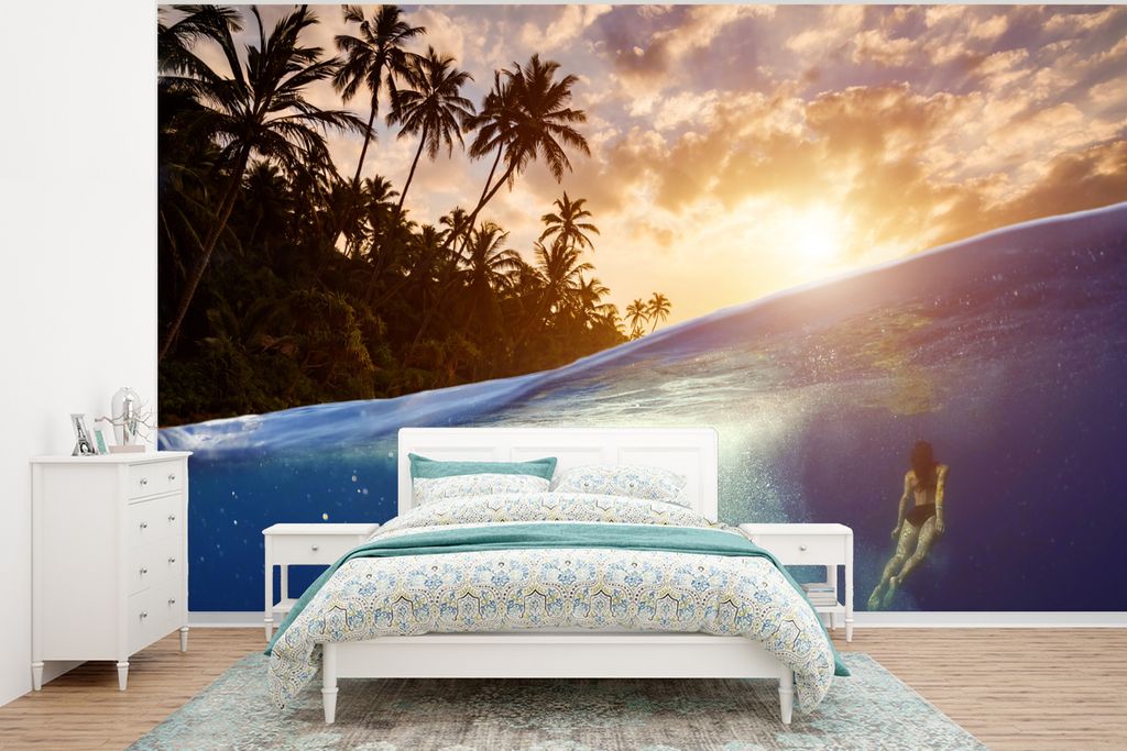 MuchoWow Fototapete für Wohnzimmer oder Schlafzimmer Wandtapete Vinyl Motivtapete Meer - Schwimmer - Sonne - 400x300 cm - Papiertapeten