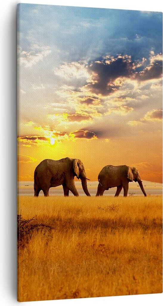 Bild auf Leinwand - Leinwandbild - Elefanten Safari Dschungel Busch - 55x100cm - Wand Bild - Wanddeko - Leinwanddruck - Bilder - Kunstdruck - Leinw...