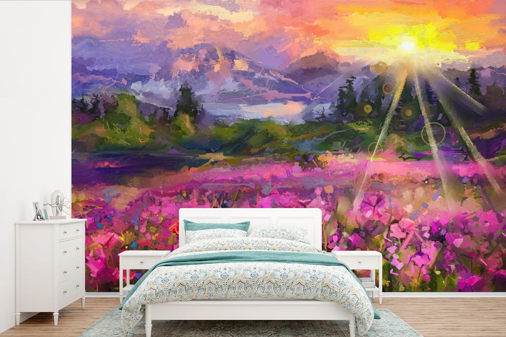 MuchoWow Fototapete für Wohnzimmer oder Schlafzimmer Wandtapete Vinyl Motivtapete Gemälde - Ölfarbe - Blumen - Natur - Sonne - 525x350 cm - Da...