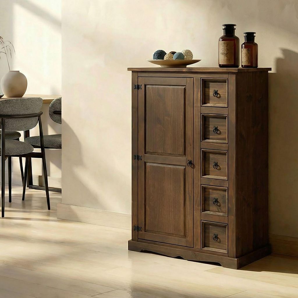 Kommode TEQUILA 5 Schubladen braun gewachst Highboard Kiefernholz massiv 2 verstellbare Einlegeböden Esszimmermöbel Zierbeschläge schwarz. Schub...