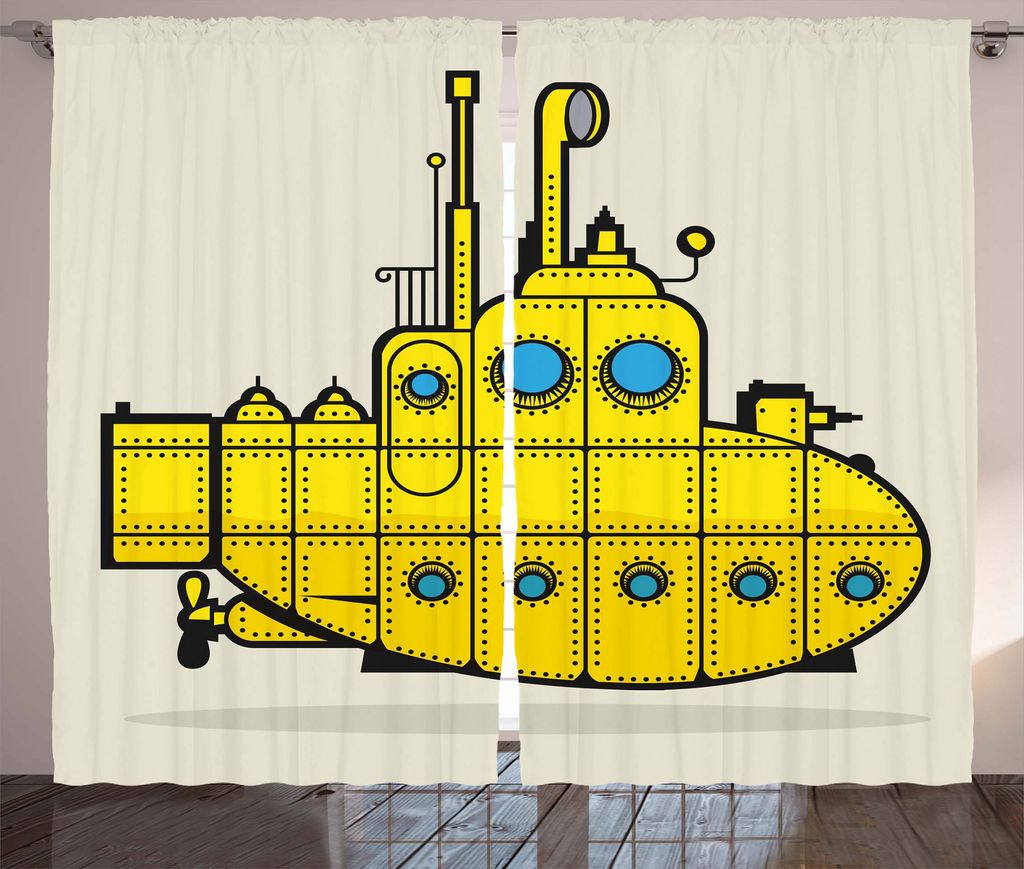 ABAKUHAUS Gelbes U-Boot Rustikaler Gardine, Grunge-Stil, Schlafzimmer Kräuselband Vorhang mit Schlaufen und Haken, 280 x 225 cm, Gelb Grün Blau
