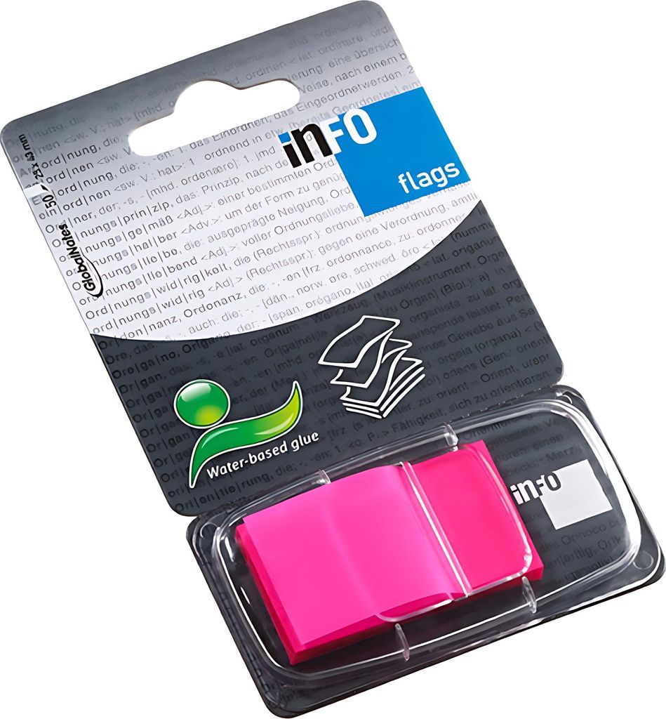 Global Notes Haftstreifen, 25,4 x 47 mm, 50 Streifen, Plastik, transparent, pink