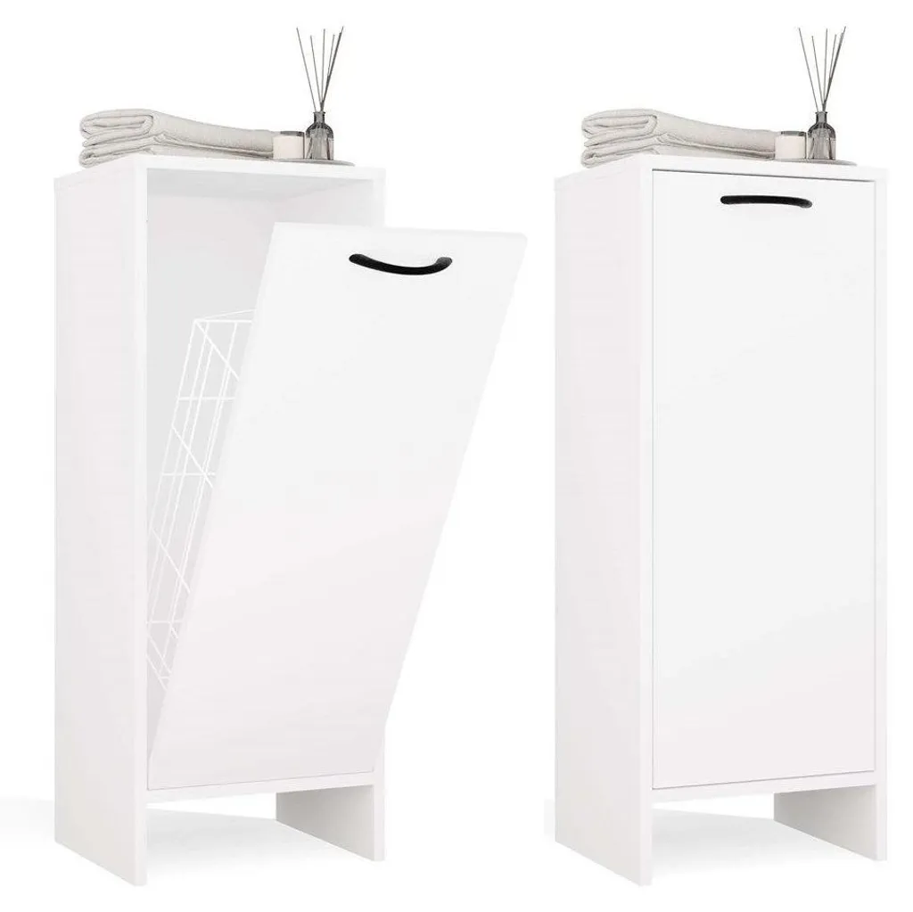 Armadio da bagno con cesto della biancheria integrato – Compatto e resistente | Colore: bianco opaco | Dimensioni: 35x90x30 cm