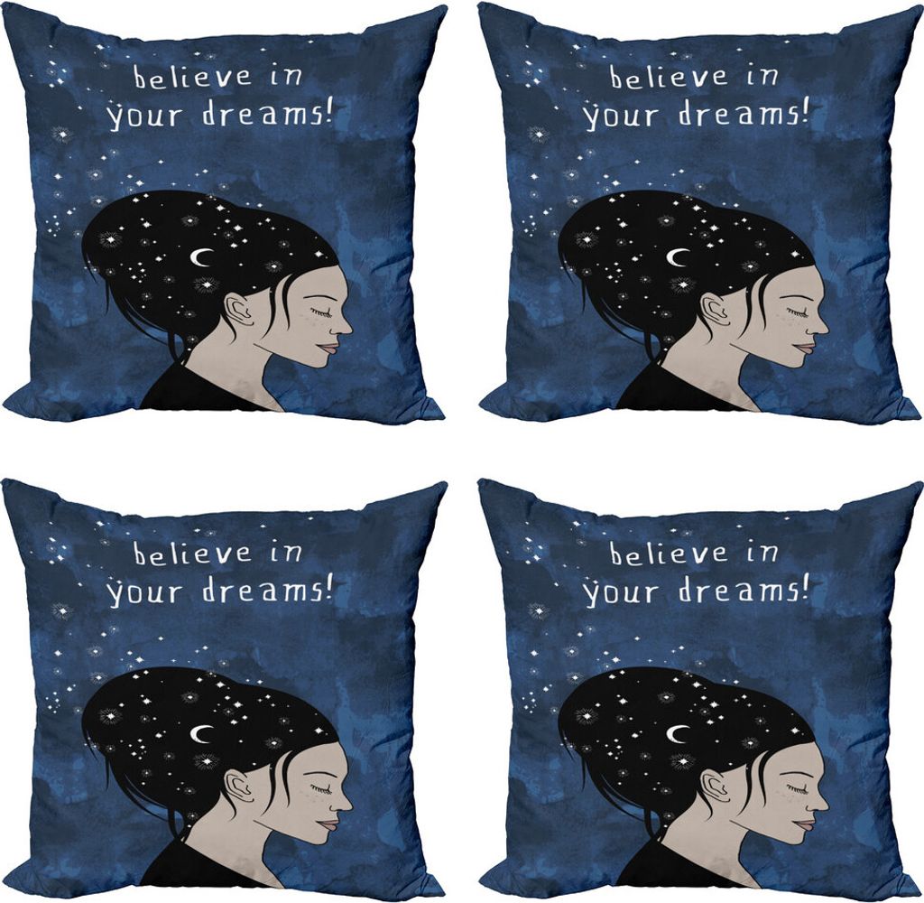 ABAKUHAUS motivational Kissenbezug Set (4 Stück), Dreamy Girl Worte, Moderner Doppelseitiger Digitaldruck, 45 cm x 45 cm, Blau