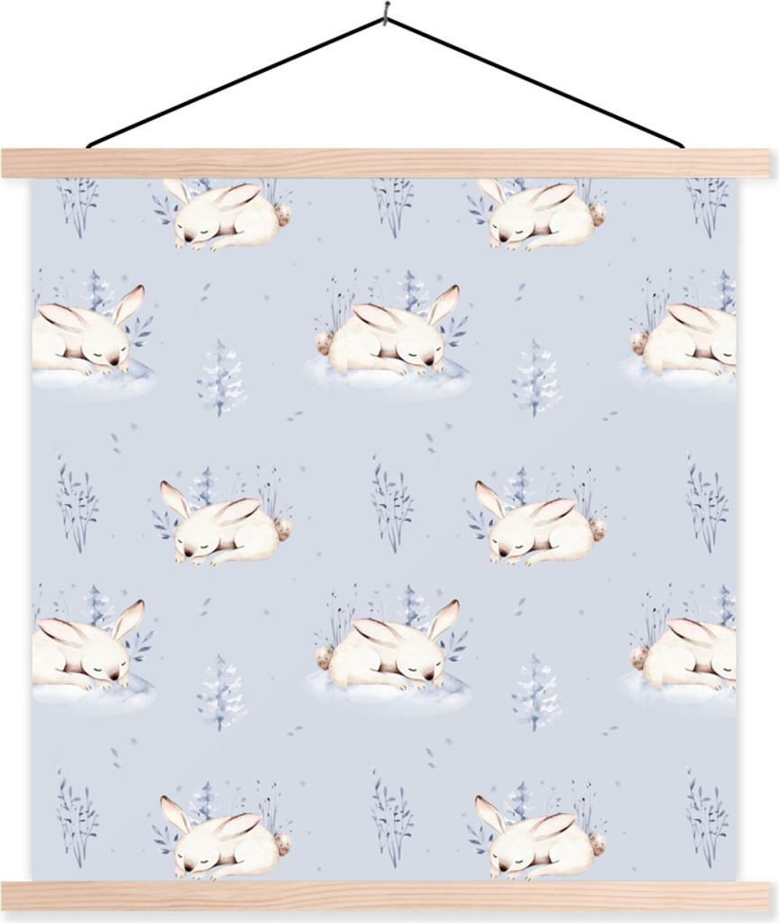 MuchoWow Textilposter Winter - Muster - Kaninchen - Blau 120x120 cm mit holzfarbenen Rahmen - Textil-Poster