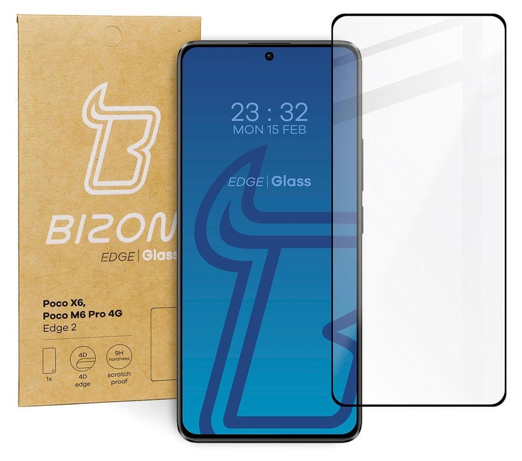 A screen protector is shown next to its packaging, with a smartphone displaying a clock and date.