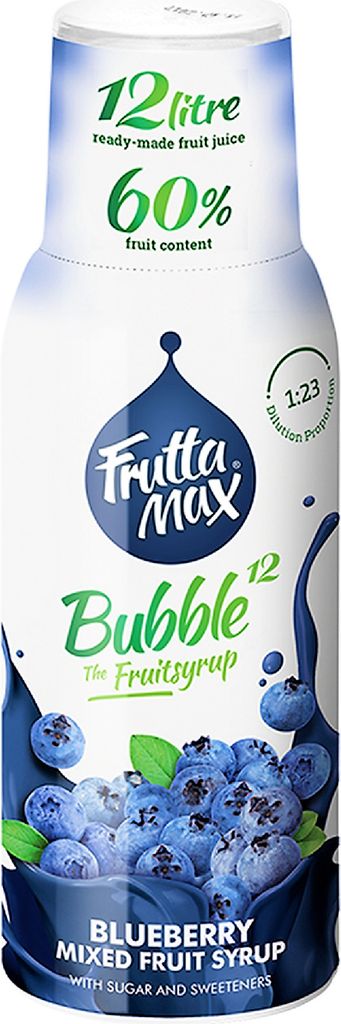 A bottle of blueberry mixed fruit syrup with blueberries depicted on the label.