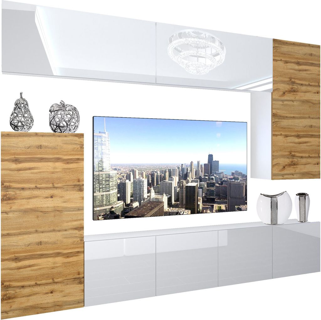 BELINI Wohnwand Vollausstattung Wohnzimmer-Set Moderne Schrankwand mit LED-Beleuchtung Weiß Glänzend Anbauwand TV-Schrank Weiß / Eiche Wotan Gl...
