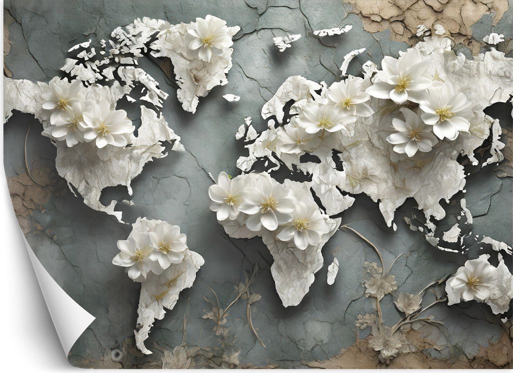 Vlies fototapete Weltkarte Blumen Retro 400x280 cm Feeby Grau inkl. Kleber einfache Montage