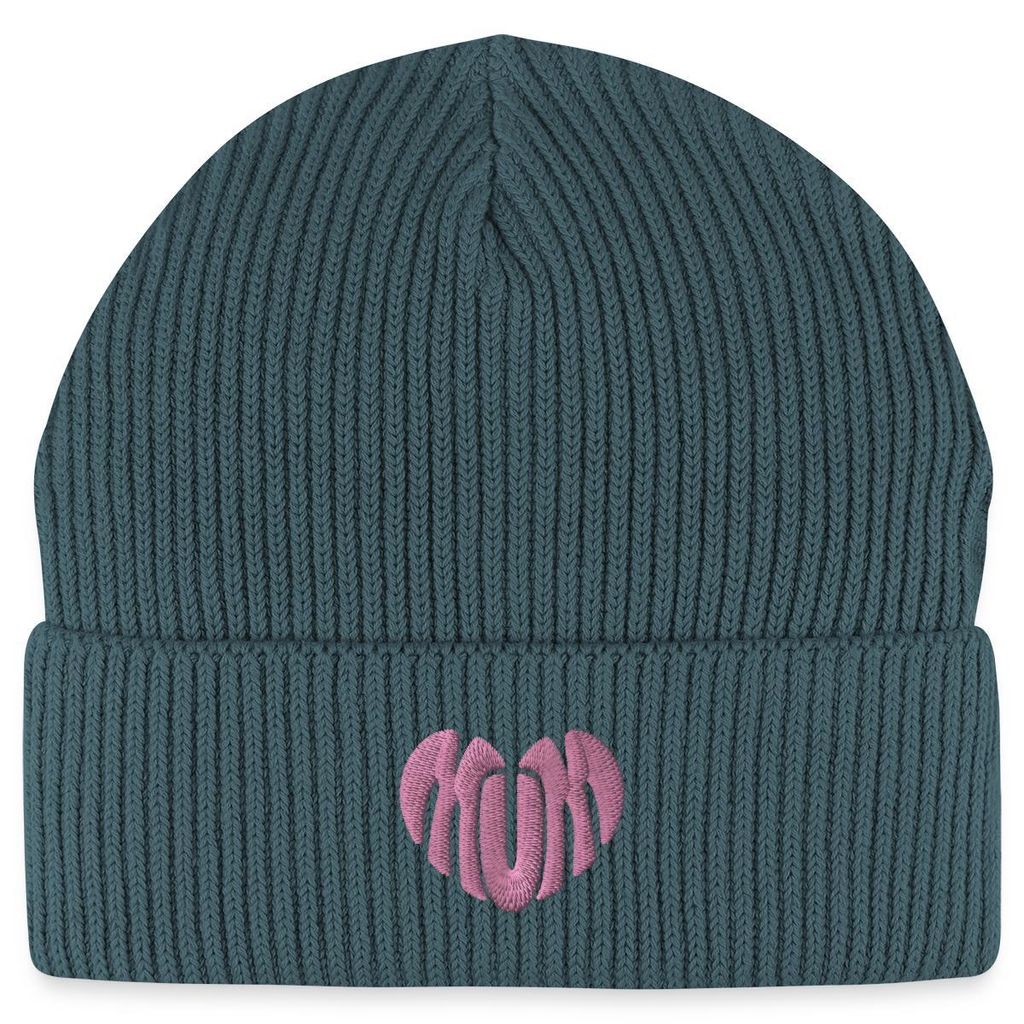 Spreadshirt Stickerei Mum Pinkes Herz Fisherman Beanie Bio Mütze, One size, Dunkles Petrol
