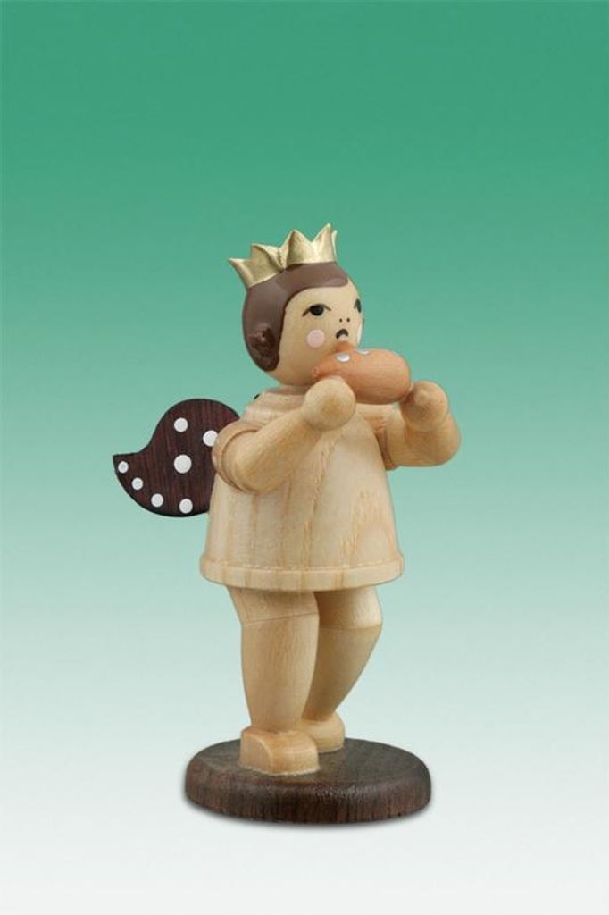 Holzfigur Musikantenengel mit Okarina und Krone natur Höhe 6,5cm NEU