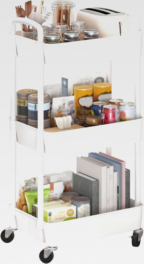 Rollwagen aus Kunststoff mit 3 Ebenen, multifunktionaler Aufbewahrungswagen für Büro, Wohnzimmer, Küche, beweglicher Aufbewahrungs-Organizer mit...