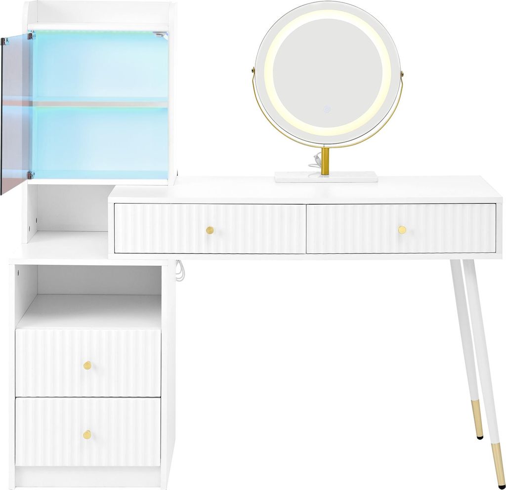 Schminktisch-Set mit dreifarbigem LED-Spiegel, vier Schubladen,1 beleuchteten Schrank mit Glastür,1 offenen Staufach, weiß, (ohne Hocker)