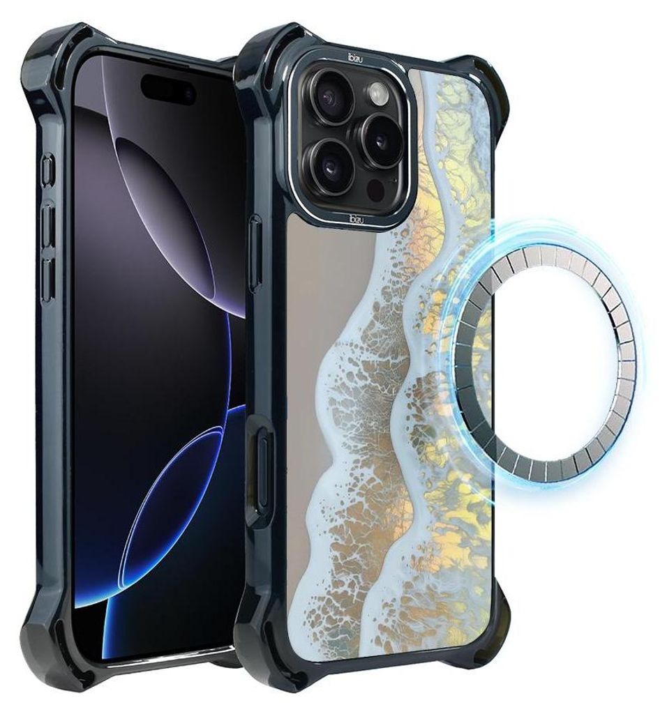 Schutzhülle für das iPhone 16 Pro Max, MagSafe-kompatibel, verstärkte Ecken, schwarz, Meer, goldene Welle