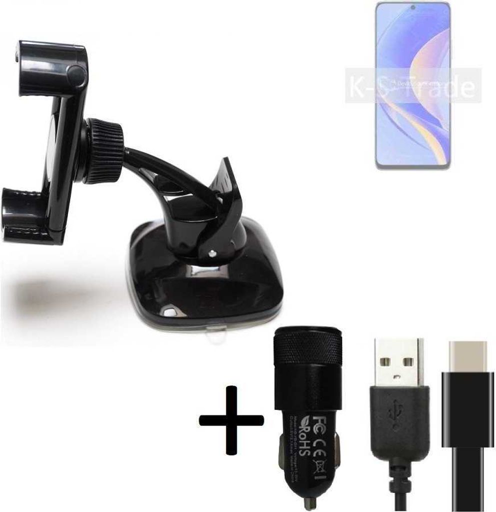 K-S-Trade Handy-Halterung kompatibel mit Huawei Enjoy 50 Pro Windschutzscheibe / Armaturenbrett + LADEGERÄT mit Mico USB Kabel Autohalterung