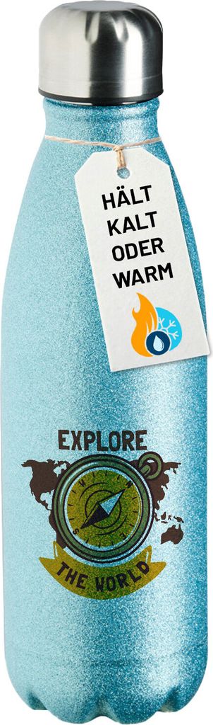 Huuraa Trinkflasche Explore the world Kompass 500ml Blue Edelstahl Wasserflasche Trinkflasche Geschenkidee