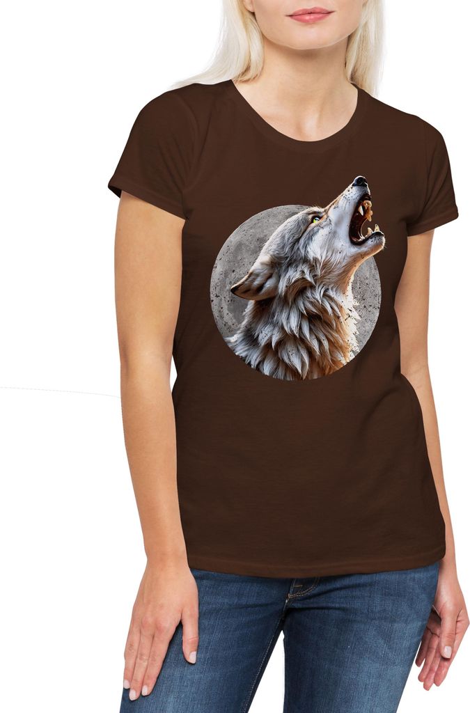 Urban Backwoods Wolf Full Moon, Damen T-Shirt, Farbe: Braun, Größe: 2XL