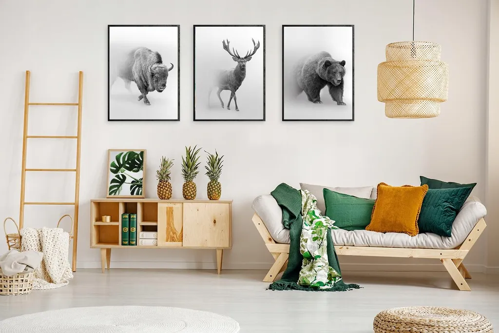 Triptyque cerf et bison 73x53cm P1021 : ensemble 3 tableaux nature - 3