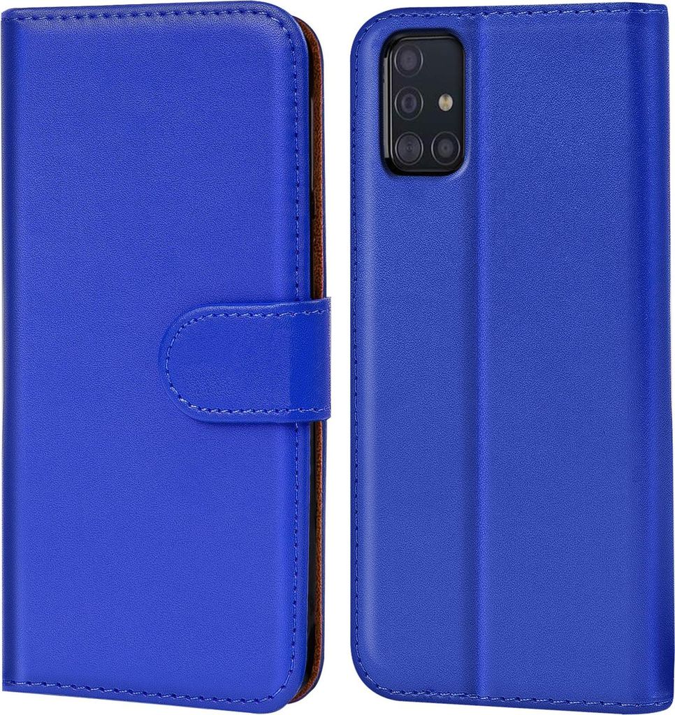 A blue flip case for a smartphone is shown from two angles.