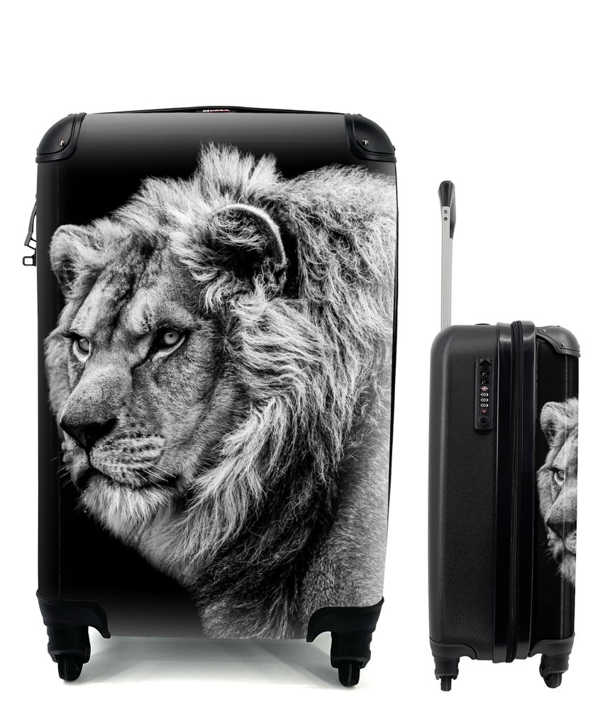 MuchoWow Koffer Handgepäck Trolley Rollkoffer Kleine Reisekoffer mit 4 Rollen - Löwe - Porträt - Wildtiere - Schwarz - Weiß - Cabin Size < 55...