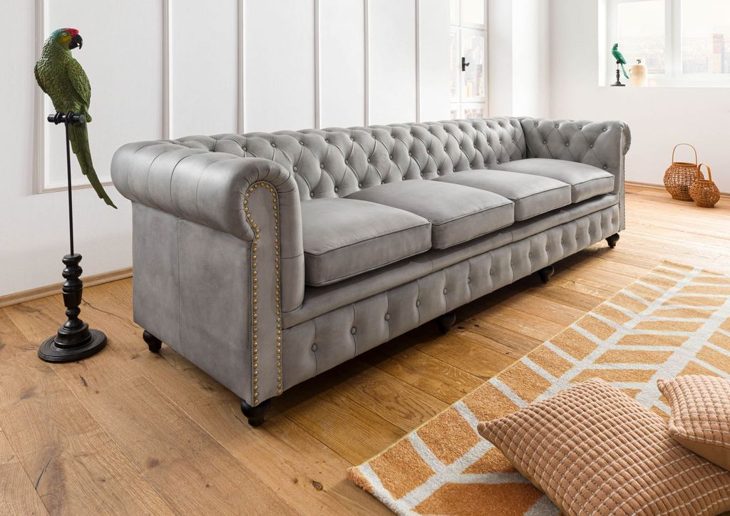 MASSIVMOEBEL24 Sofa 4-Sitzer Echtleder 274x82x75 grau CHESTERFIELD #204