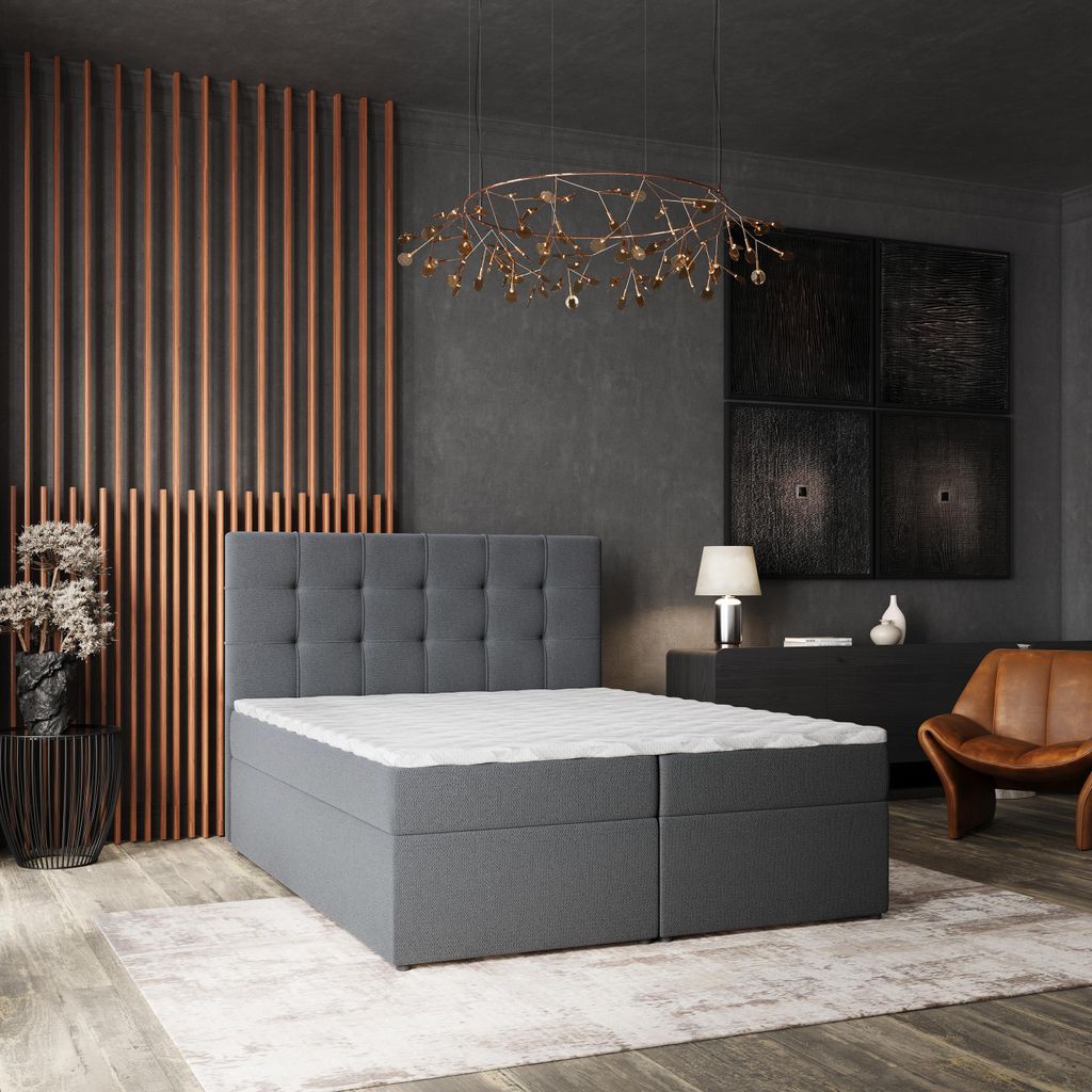 Masseno Boxspringbett PALMA 160x200 cm Komplett-Set mit Bonell Matratze und Topper, Polsterbett mit Bettkästen -Grau, SORO 97