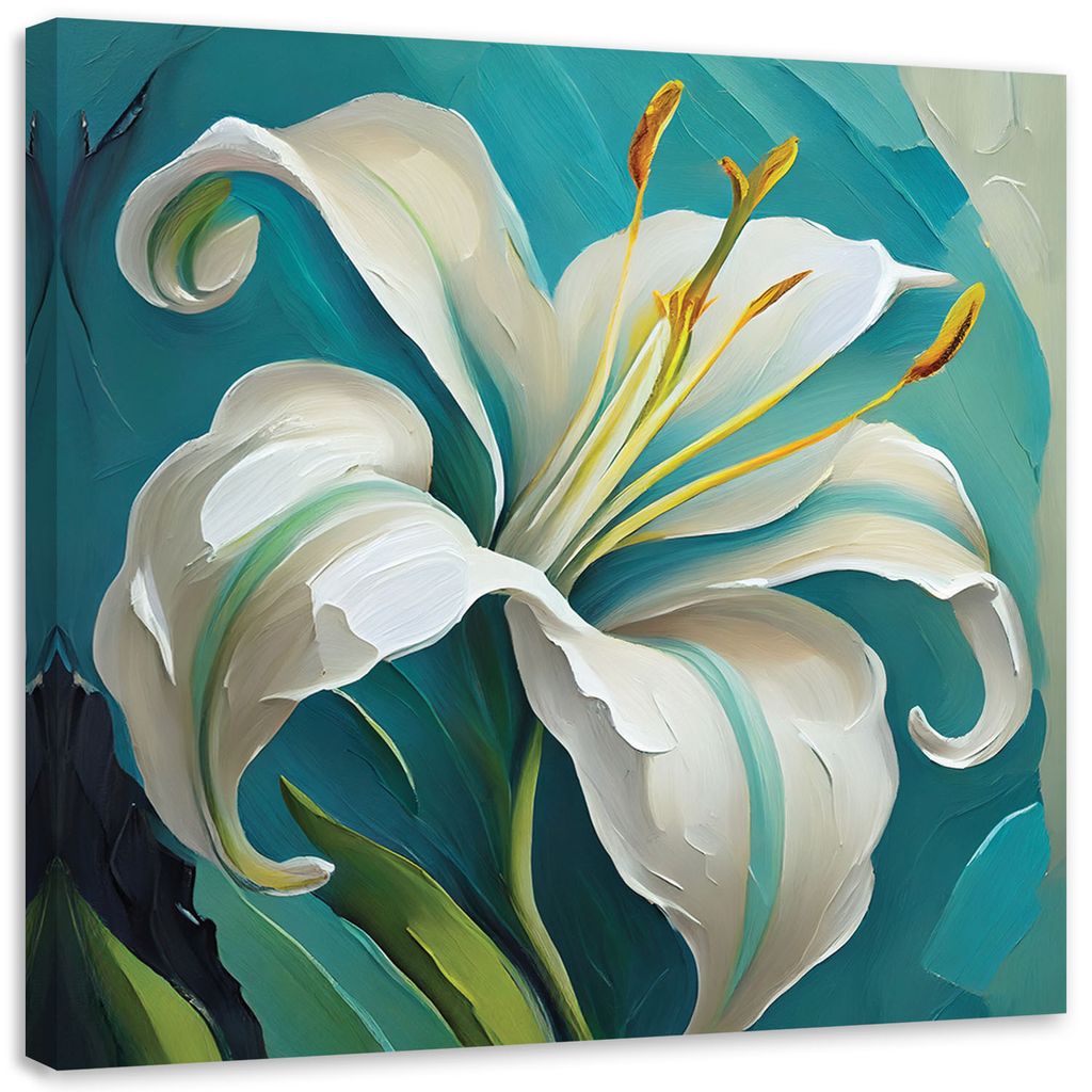 Leinwandbild Lilie türkis gemalt 60x60 Feeby Blau bild für die wand bereit zum aufhängen