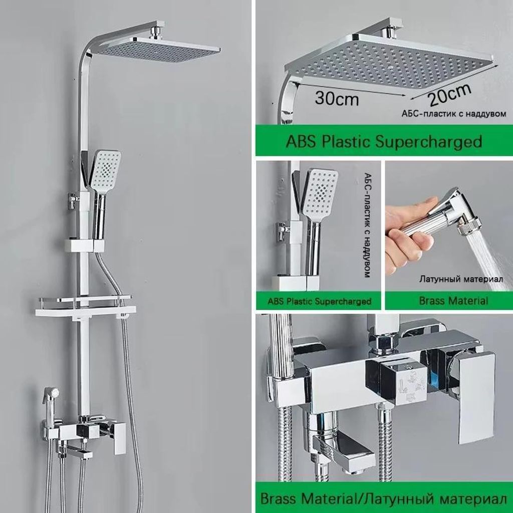 Wandmontiertes Duschsystem - Duscharmatur mit Gleitschiene - Vier-Wege, Einhebel, Warm/Kalt, Keramikventil, ABS, Chrom - Gelb