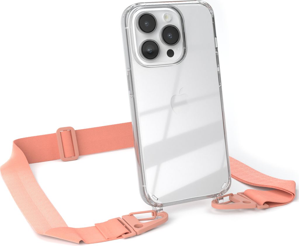 EAZY CASE - Hülle mit Band für Apple iPhone 14 Pro, Handyhülle mit Umhängeband, Silikonhülle transparent, Handykette in Orange