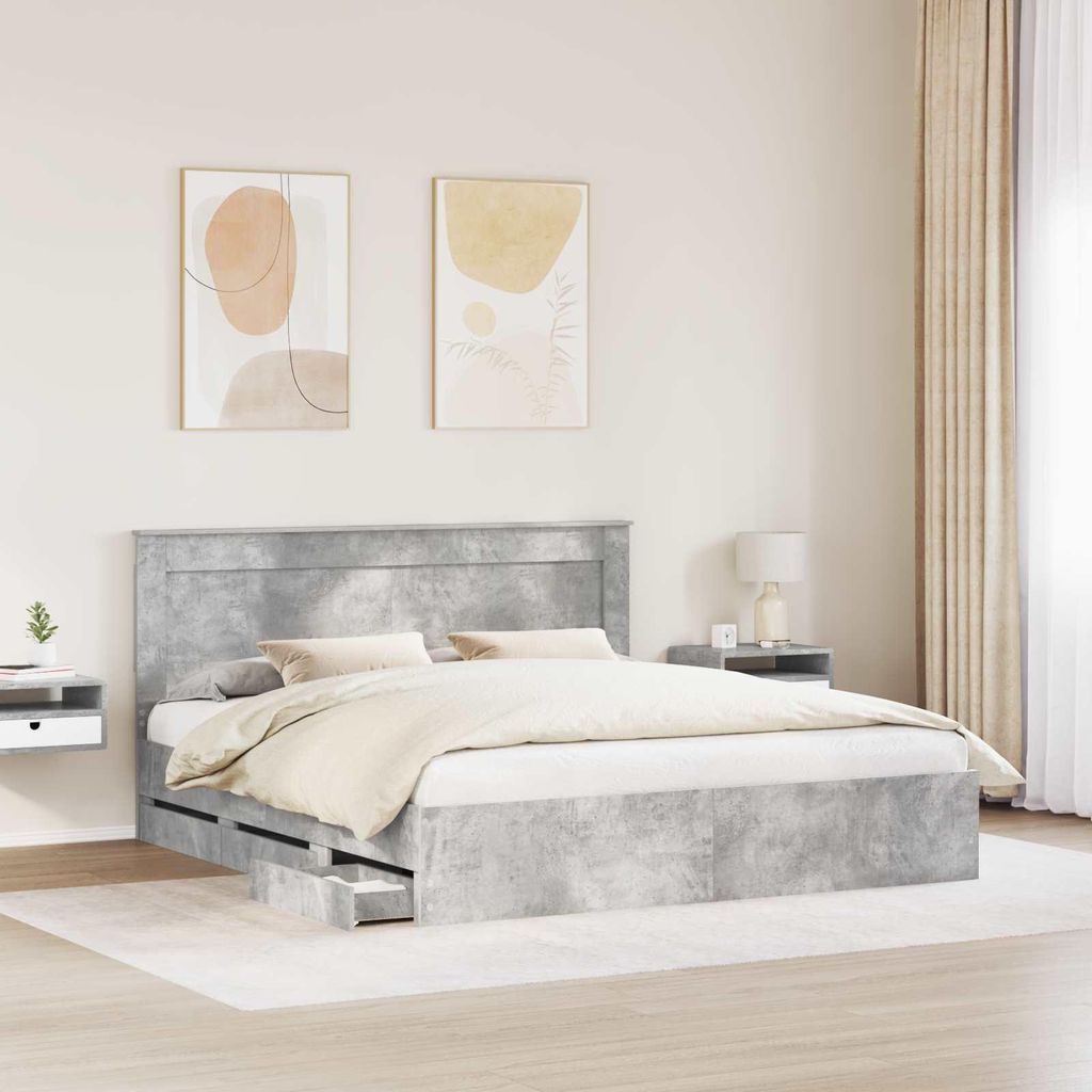 Cloris Designermöbel Bettrahmen mit Kopfteil Beton Grau 180 x 200cm Ingenieurs Holz - 2026Neu290520 - Klassische BettenJugendbett Tagesbett