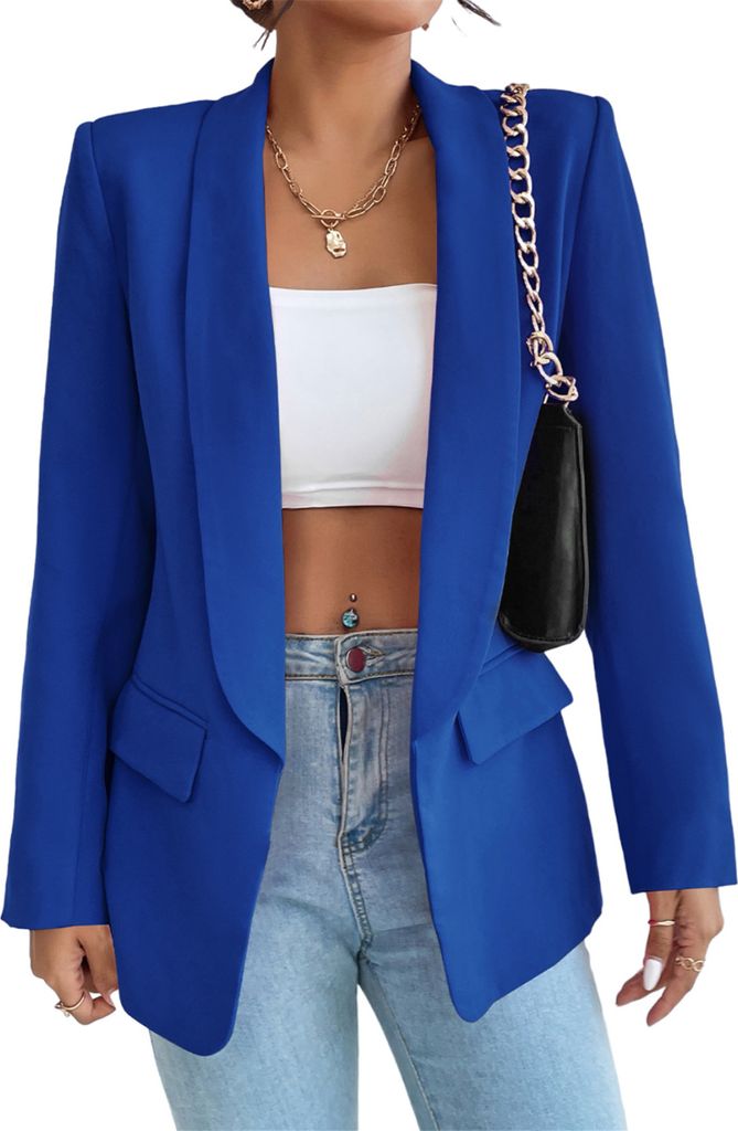 ASKSA Damen Blazer Revers Einfarbig Casual Cardigan Langarm Elegant Business Anzuege Jacke mit Tasche, Blau, M