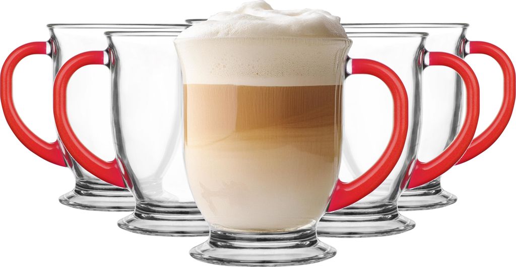 Glasmark KROSNO 1992 Kubas Kaffeegläser-Set 6-teilig mit Rotem Griff Cappuccino Eiskaffee Gläser Becher Spülmaschinenfest 6x400 ml