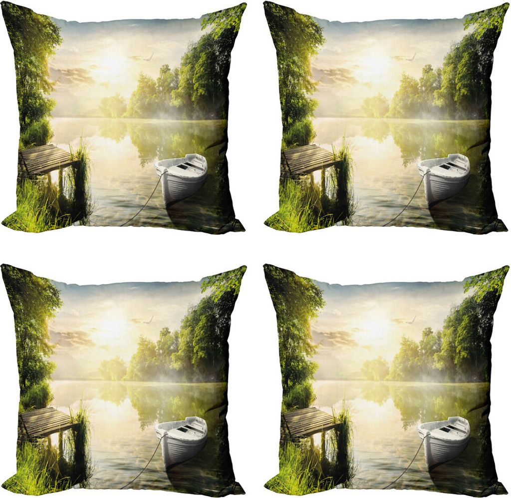 ABAKUHAUS Natur Kissenbezug Set (4 Stück), Boot von Foggy See Deck, Moderner Doppelseitiger Digitaldruck, 40 cm x 40 cm, Olive Green White