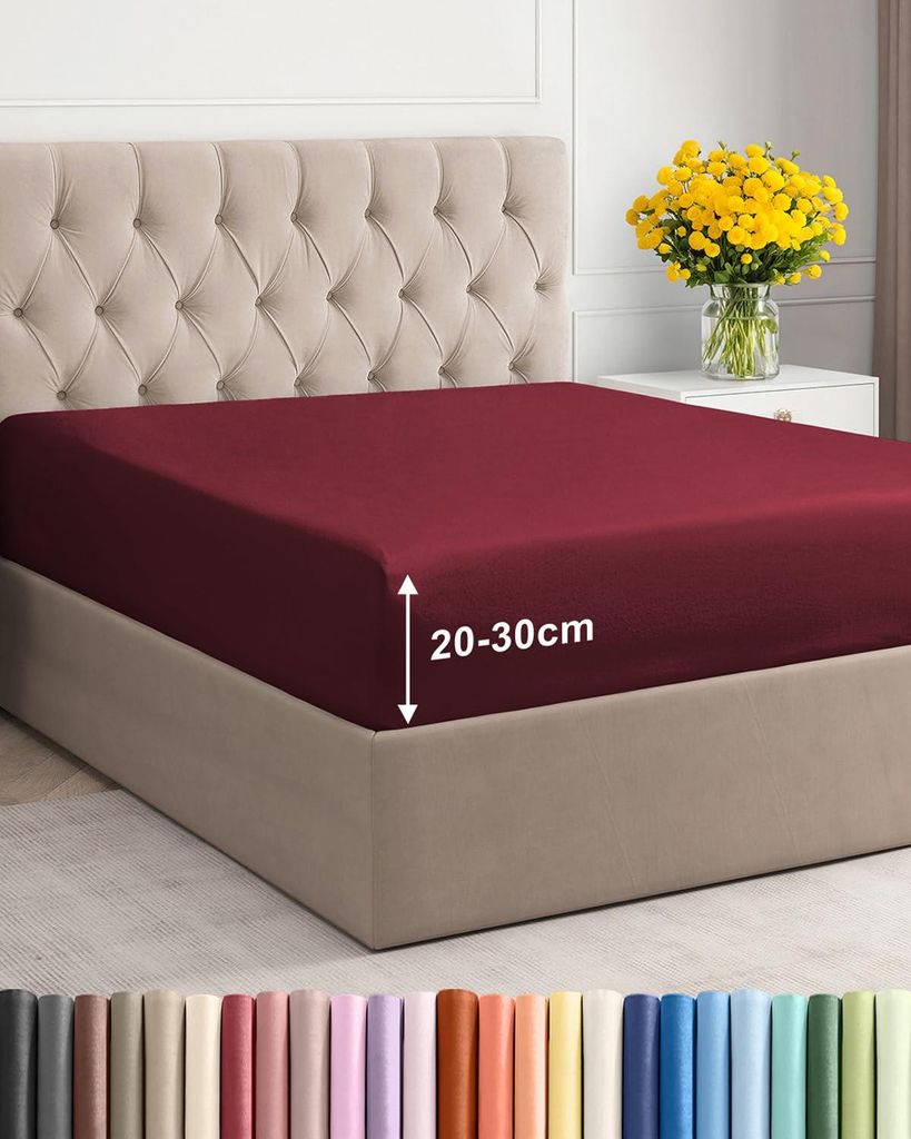 Spannbettlaken 200 x 220 cm Bordeaux – 30 cm tiefe Ecken – Hochwertiges Mikrofaser-Spannbettlaken – Weich, knitterfrei und bügelfrei – Atm...