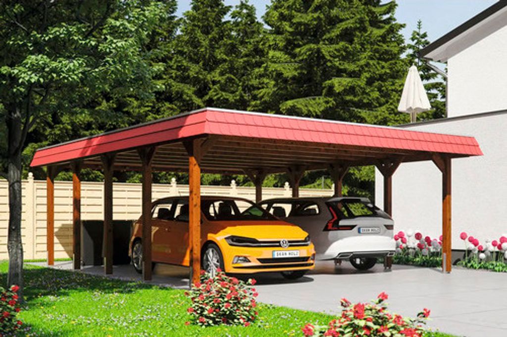 Doppelcarport SKAN HOLZ Spreewald rote Blende inkl. Pfostenanker, EPDM Folie 585 x 741 cm nussbaum
