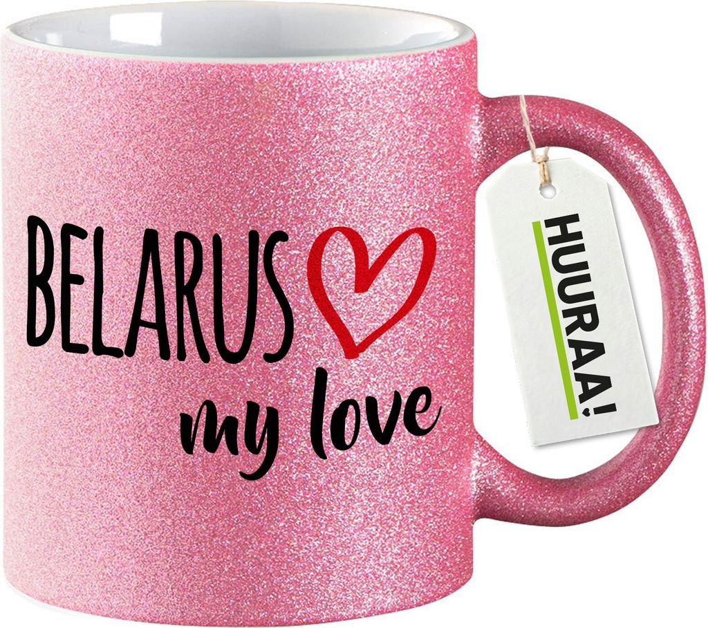 Huuraa Glitzertasse Belarus my love 330ml Pink Keramik Kaffeebecher Geschenkidee
