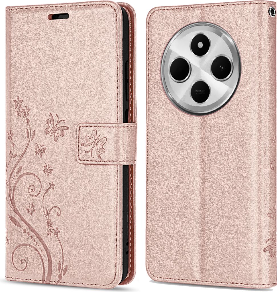 A rose gold flip cover wallet case for a Xiaomi Redmi 14C / Poco C75 phone, shown from the front and back.