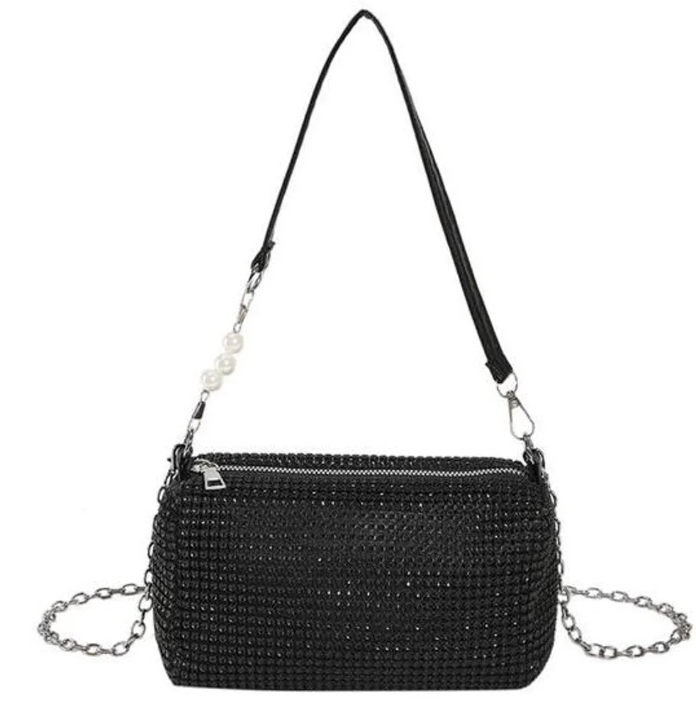 Pochette de soirée à paillettes noire avec chaîne élégante - Modèle 24cm