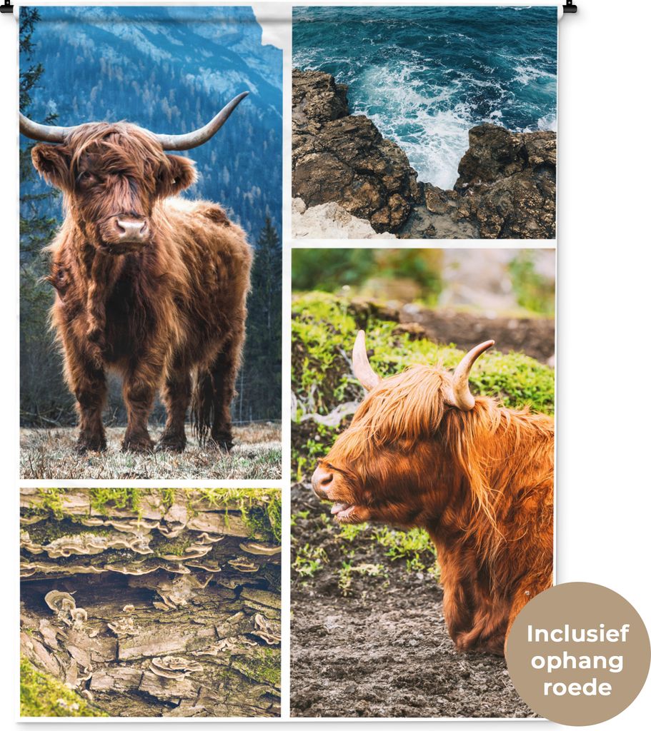 MuchoWow Wandteppich Wandbehang Schottisches Hochlandrind - Tiere - Collage 150x200 cm Tapisserie Dekoration Wandtuch - Wandaufhängung - Moderner